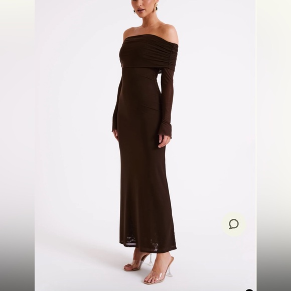Meshki Josie Off Shoulder Mesh Maxi Dress - XS - Dark Brown - Picture 2 of 9